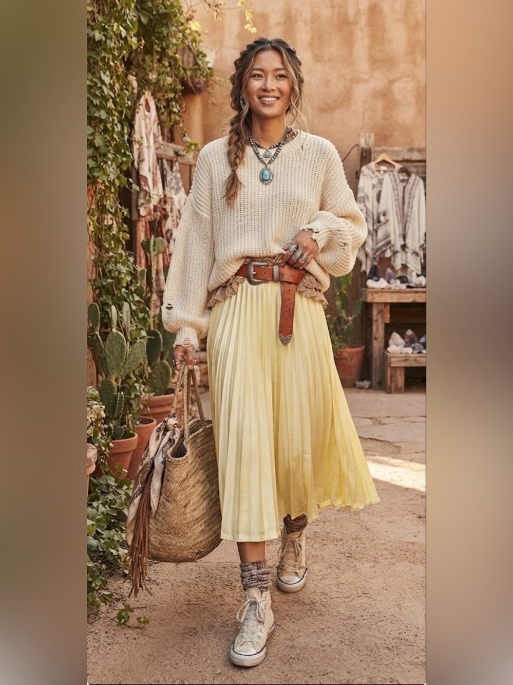 ZARA Pale Yellow Pleated Satin Midi Skirt